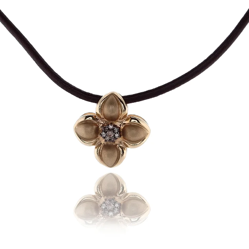 Estate 14 Karat Yellow Gold Flower Diamond Pendant with Brown Leather Cord Necklace