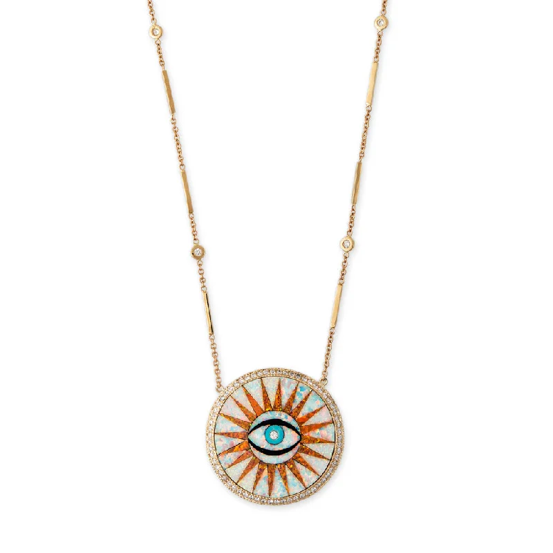 EYE BURST OPAL/ORANGE INLAY SMOOTH BAR DIAMOND NECKLACE