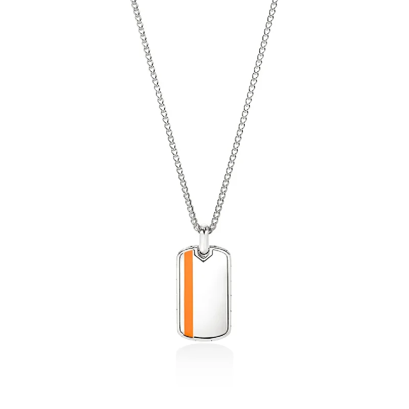 John Hardy ID Series Surf Chain Dog Tag Necklace in Sterling Silver with Orange Enamel