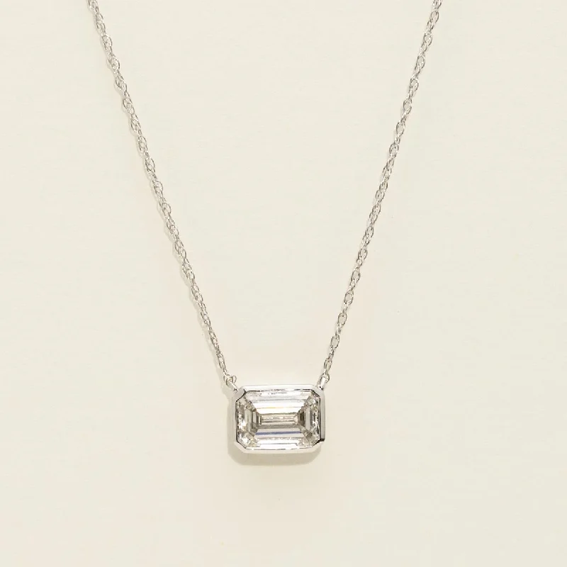 Lab Grown Emerald Cut Diamond Bezel Necklace in 14kt White Gold (1ct)