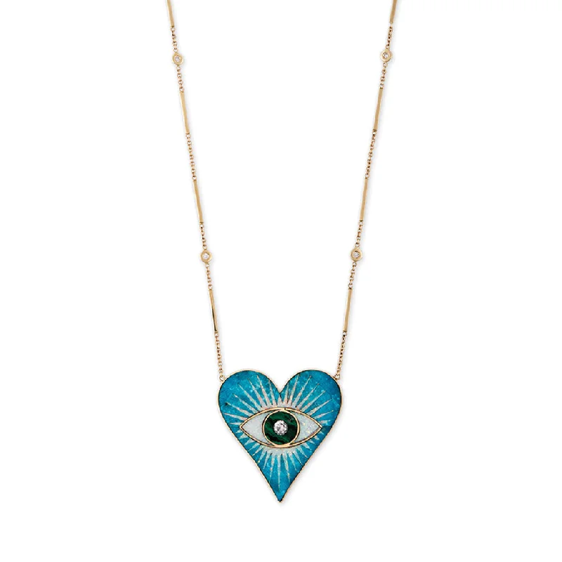 LARGE TURQUOISE OPAL MALACHITE INLAY EYE BURST HEART NECKLACE