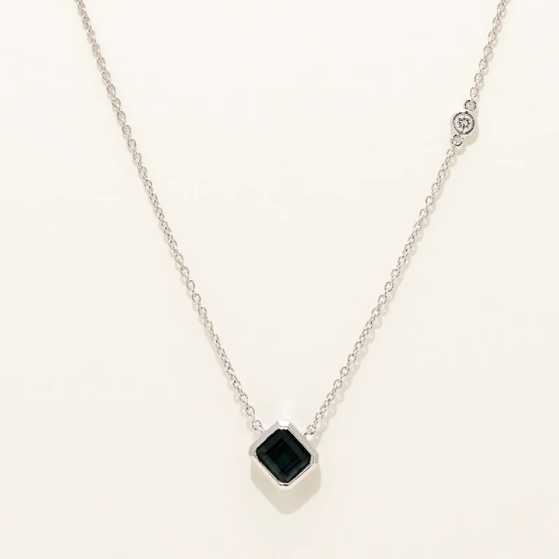 Maine Green Tourmaline Bezel Necklace in 14kt White Gold with Diamond (.04ct)