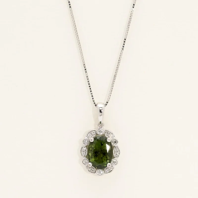 Maine Green Tourmaline Oval Necklace in 14kt White Gold with Diamonds (1/10ct tw)