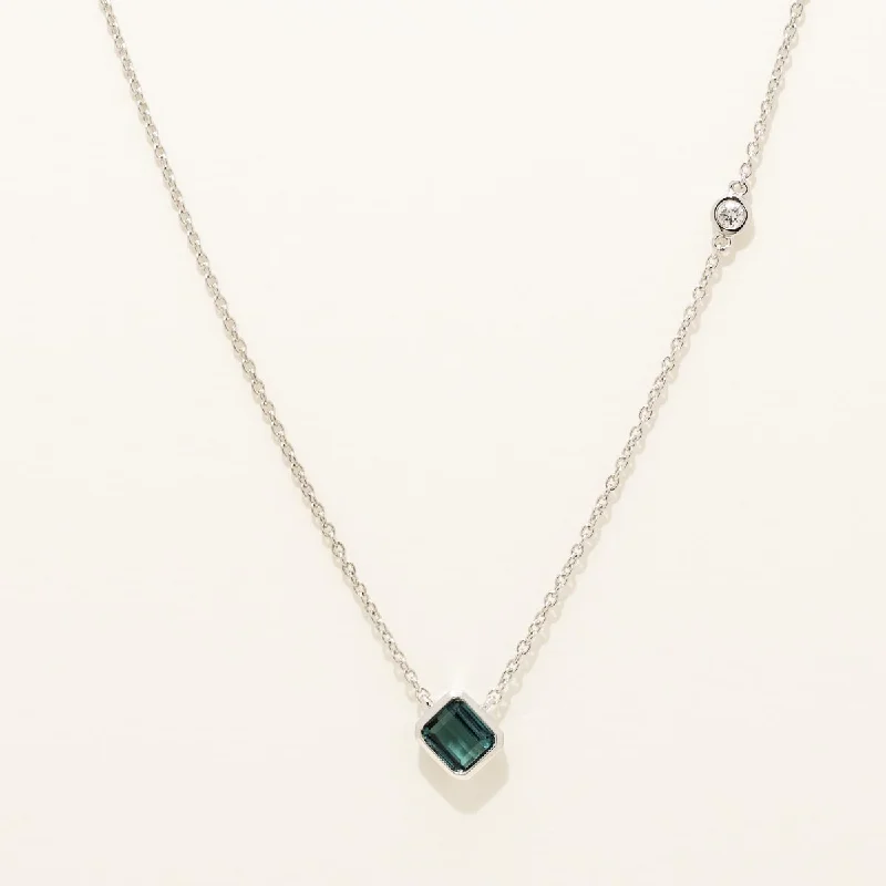 Maine Indicolite Emerald Cut Bezel Necklace in 14kt White Gold with Diamond (.04ct)