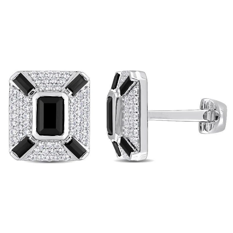 Mimi & Max 5-4/5ct TGW Octagon and Baguette-Cut Created Black Sapphire and White Sapphire Cufflinks in Sterling Silver