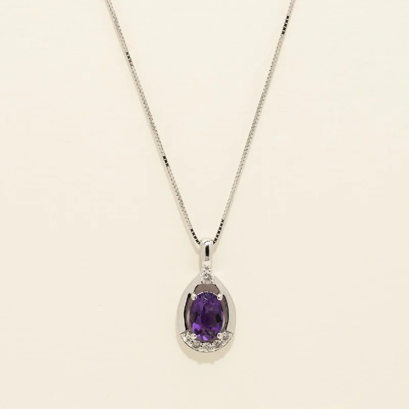 Oval Amethyst Necklace in 14kt White Gold with Diamonds (1/10ct tw)