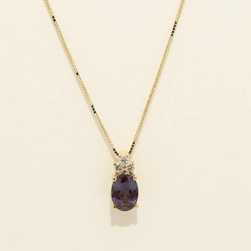 Oval Created Alexandrite Necklace in 14kt Yellow Gold with Diamonds (1/10ct tw)