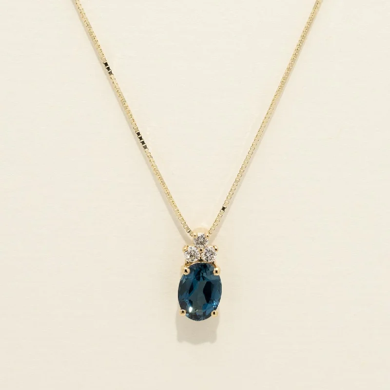 Oval London Blue Topaz Necklace in 14kt Yellow Gold with Diamonds (1/10ct tw)