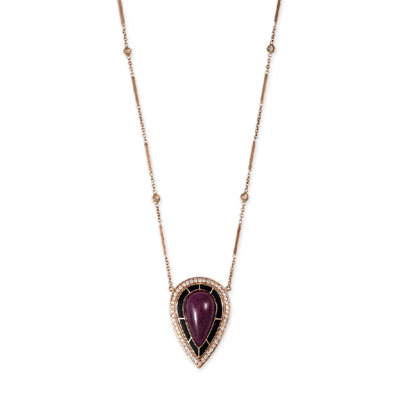 PAVE DIAMOND ONYX INLAY RUBY TEARDROP CENTER NECKLACE