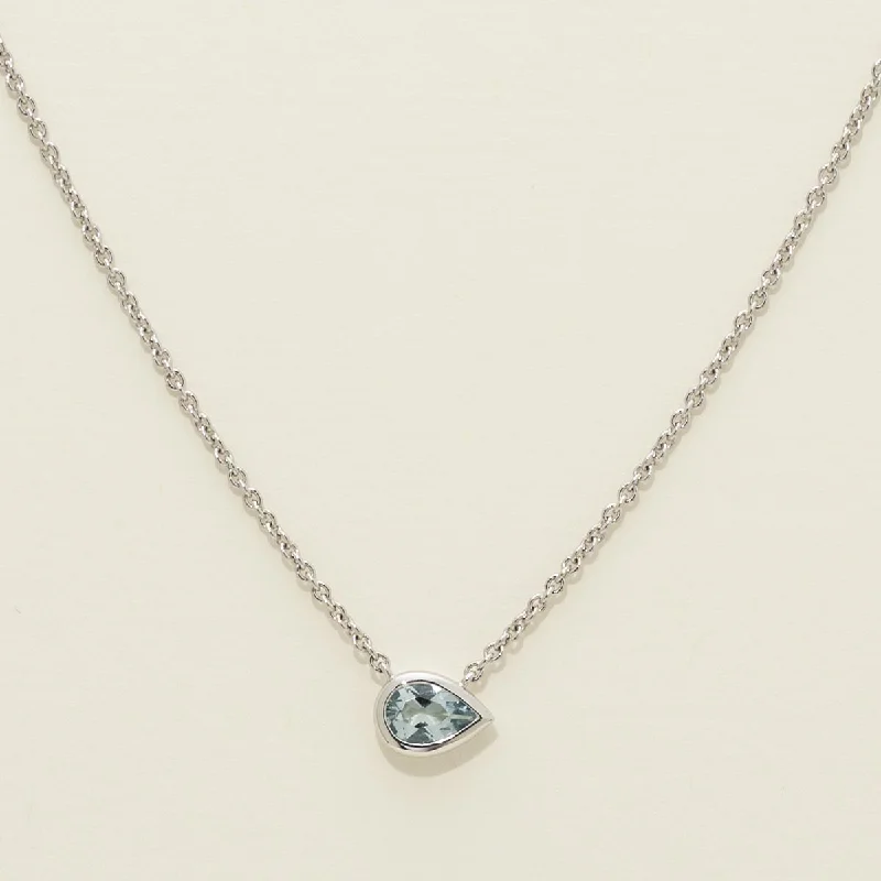 Pear Shape Aquamarine Bezel Necklace in 14kt White Gold