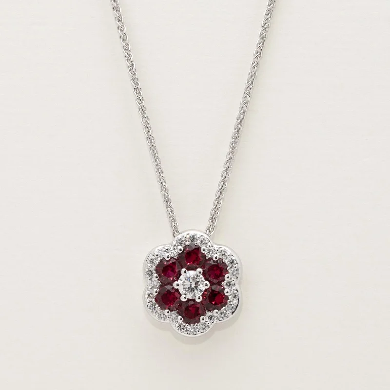 Ruby Flower Necklace in 18kt White Gold with Diamonds (5/8ct tw)