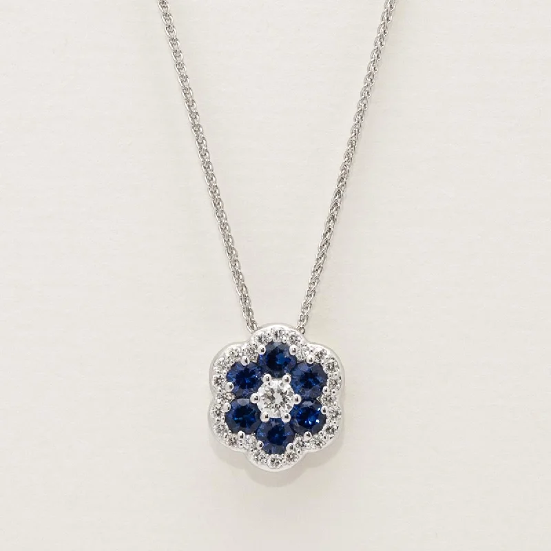 Sapphire Flower Necklace in 18kt White Gold with Diamonds (1/5ct tw)