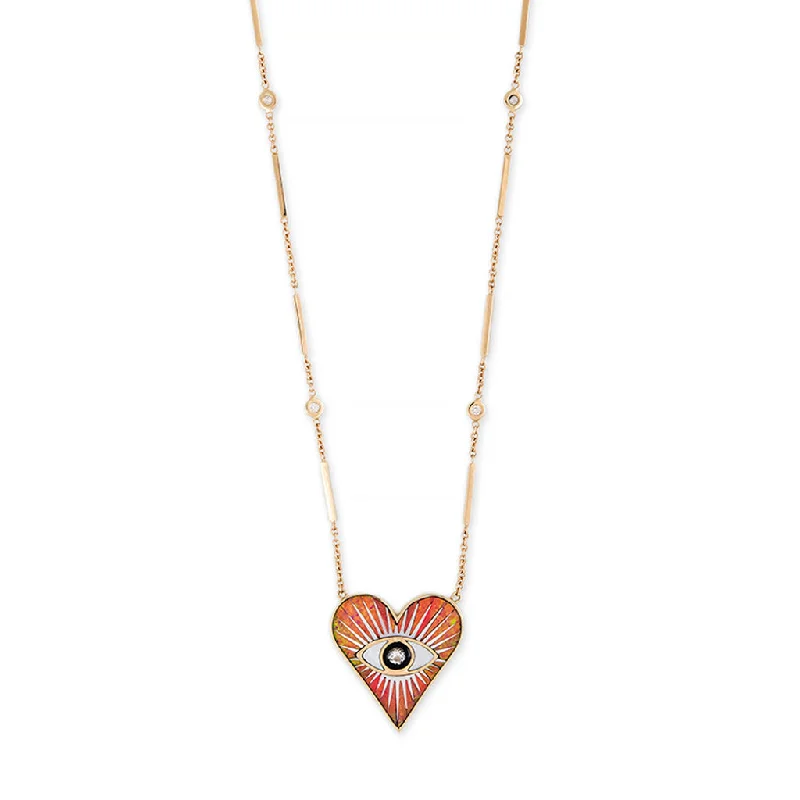 SMALL ORANGE OPAL INLAY EYE BURST HEART NECKLACE