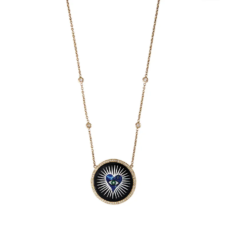 SMALL PAVE ROUND ONYX INLAY LAPIS HEART BURST NECKLACE