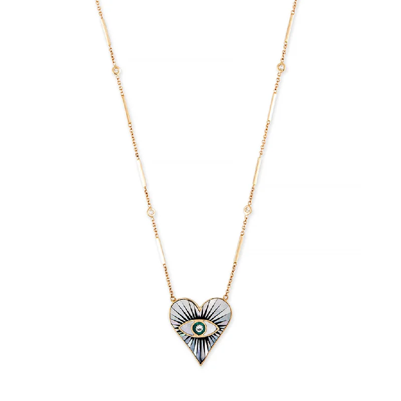 SMALL PEARL ONYX TURQUOISE INLAY EYE BURST HEART NECKLACE