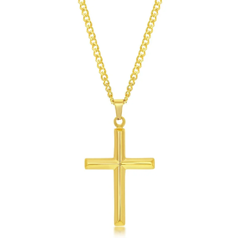 Stainless Steel Polished 3D Cross Necklace - Gold Plated