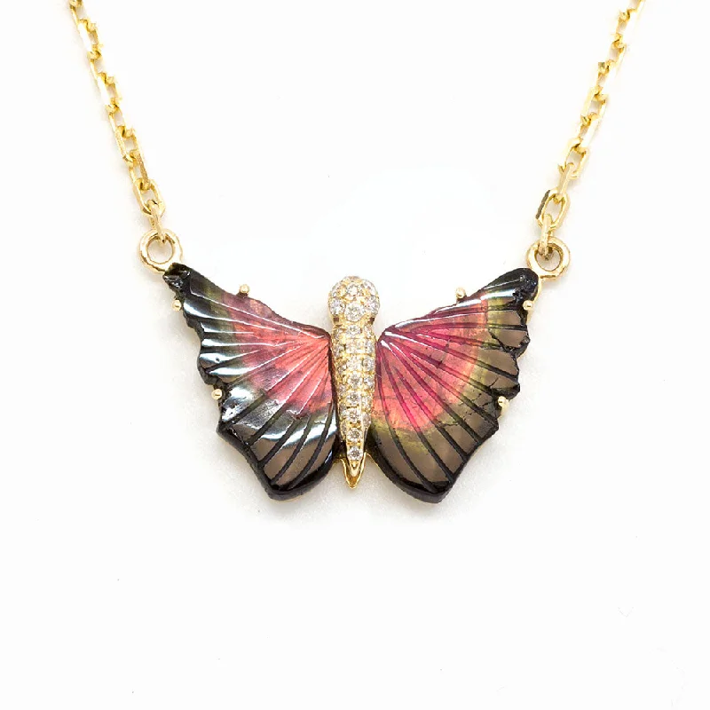 Watermelon Tourmaline Butterfly Pendant with Diamonds